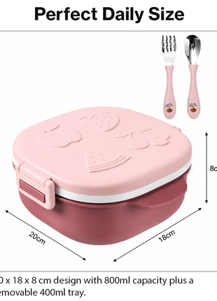 BPA-Free Lunch Box with 400ml Stainless Steel Tray, Fork, Spoon, Tray Plate & Dishwasher-Safe Pink Design