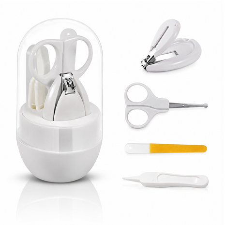 Baby Nail Care Kit 4-Piece Set – Stainless Steel Clippers, Tweezers & File – Grey Storage Box