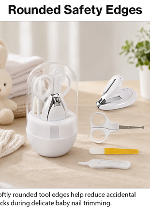 Baby Nail Care Kit 4-Piece Set – Stainless Steel Clippers, Tweezers & File – Grey Storage Box