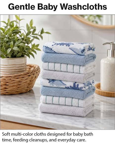 8 Pack Multi-Color Knit Terry Wash Cloths 80% Cotton Soft Absorbent Picot Edge -C