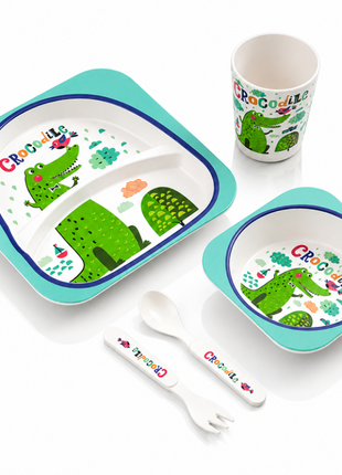 Kids Bamboo Fiber Dinnerware Set Plate Bowl Cup Spoon Fork