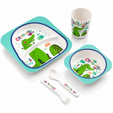 Kids Bamboo Fiber Dinnerware Set Plate Bowl Cup Spoon Fork