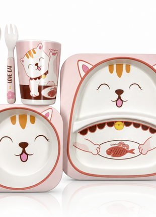 Kids Bamboo Fiber Dinnerware Set Plate Bowl Cup Spoon Fork