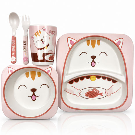 Kids Bamboo Fiber Dinnerware Set Plate Bowl Cup Spoon Fork