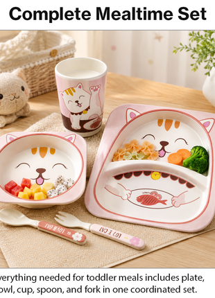 Kids Bamboo Fiber Dinnerware Set Plate Bowl Cup Spoon Fork