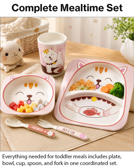 Kids Bamboo Fiber Dinnerware Set Plate Bowl Cup Spoon Fork