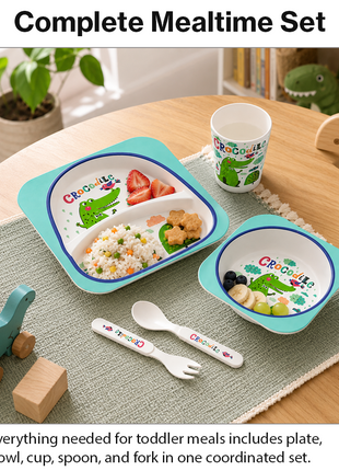 Kids Bamboo Fiber Dinnerware Set Plate Bowl Cup Spoon Fork