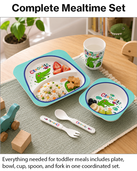 Kids Bamboo Fiber Dinnerware Set Plate Bowl Cup Spoon Fork