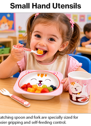 Kids Bamboo Fiber Dinnerware Set Plate Bowl Cup Spoon Fork
