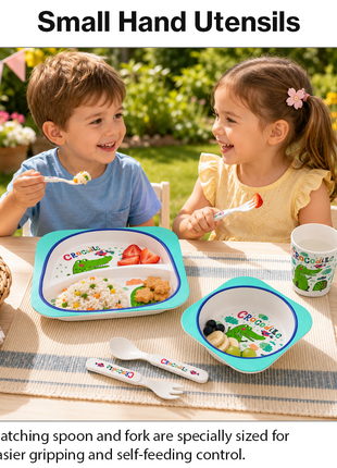 Kids Bamboo Fiber Dinnerware Set Plate Bowl Cup Spoon Fork