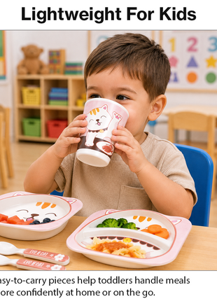 Kids Bamboo Fiber Dinnerware Set Plate Bowl Cup Spoon Fork