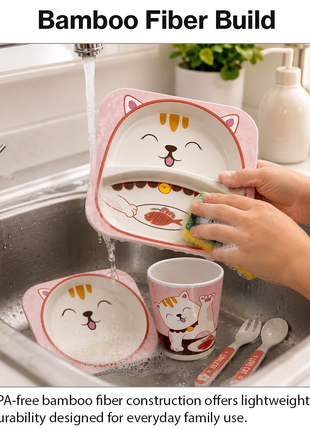 Kids Bamboo Fiber Dinnerware Set Plate Bowl Cup Spoon Fork