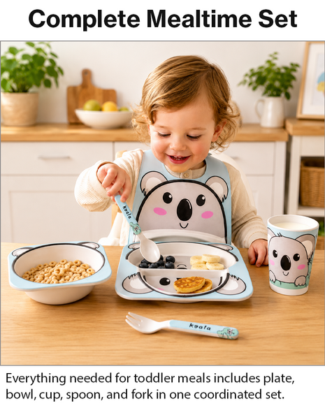 Kids Bamboo Fiber Dinnerware Set Plate Bowl Cup Spoon Fork