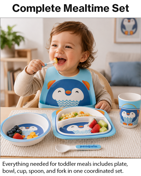 Kids Bamboo Fiber Dinnerware Set Plate Bowl Cup Spoon Fork