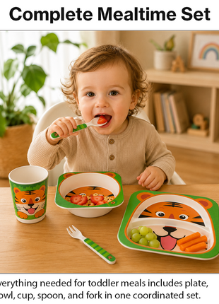 Kids Bamboo Fiber Dinnerware Set Plate Bowl Cup Spoon Fork