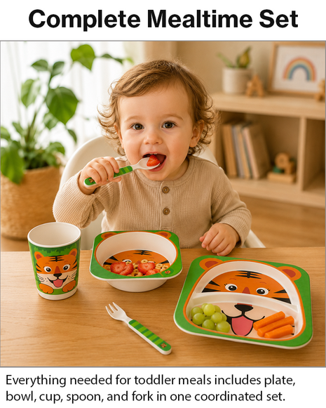 Kids Bamboo Fiber Dinnerware Set Plate Bowl Cup Spoon Fork