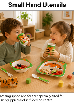 Kids Bamboo Fiber Dinnerware Set Plate Bowl Cup Spoon Fork
