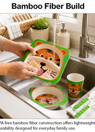 Kids Bamboo Fiber Dinnerware Set Plate Bowl Cup Spoon Fork