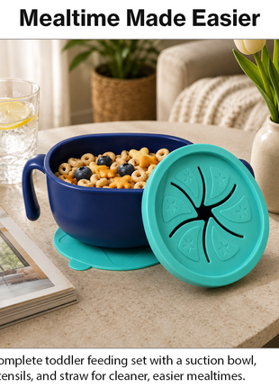 Kids Suction Bowl Feeding Set with Lid, Straw – Non-Slip Toddler Dinner Set Blue