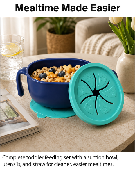 Kids Suction Bowl Feeding Set with Lid, Straw – Non-Slip Toddler Dinner Set Blue