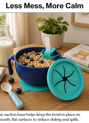 Kids Suction Bowl Feeding Set with Lid, Straw – Non-Slip Toddler Dinner Set Blue