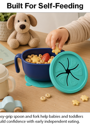 Kids Suction Bowl Feeding Set with Lid, Straw – Non-Slip Toddler Dinner Set Blue