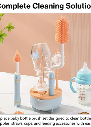8 Piece Baby Bottle Brush Set with TPE Brushes & Drying Rack