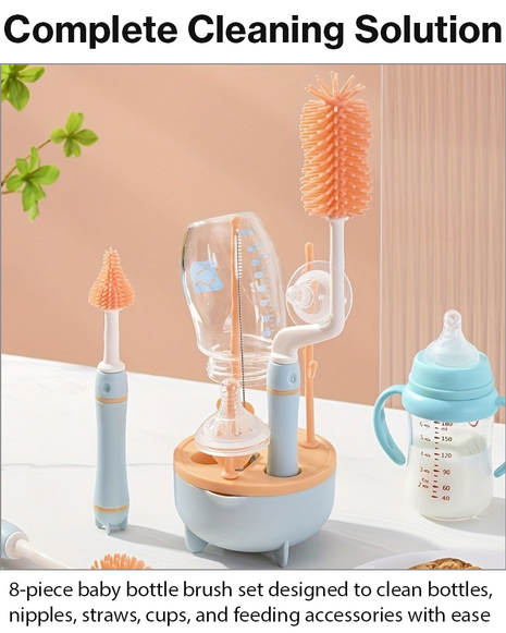 8 Piece Baby Bottle Brush Set with TPE Brushes & Drying Rack