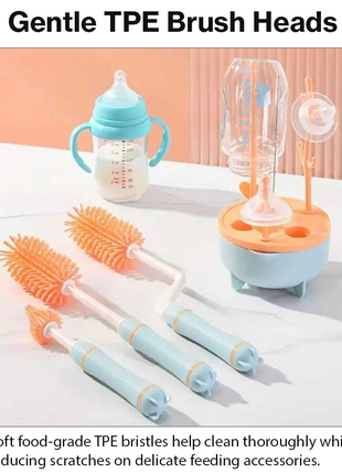 8 Piece Baby Bottle Brush Set with TPE Brushes & Drying Rack
