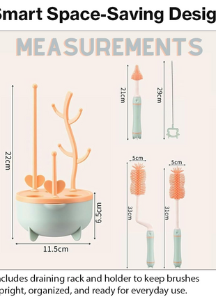 8 Piece Baby Bottle Brush Set with TPE Brushes & Drying Rack