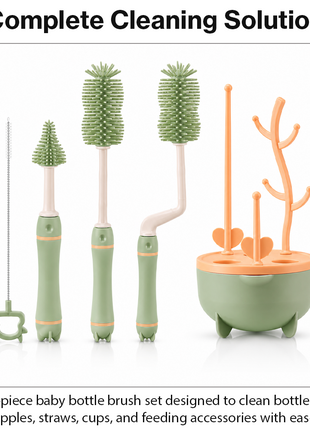 8 Piece Baby Bottle Brush Set with TPE Brushes & Drying Rack