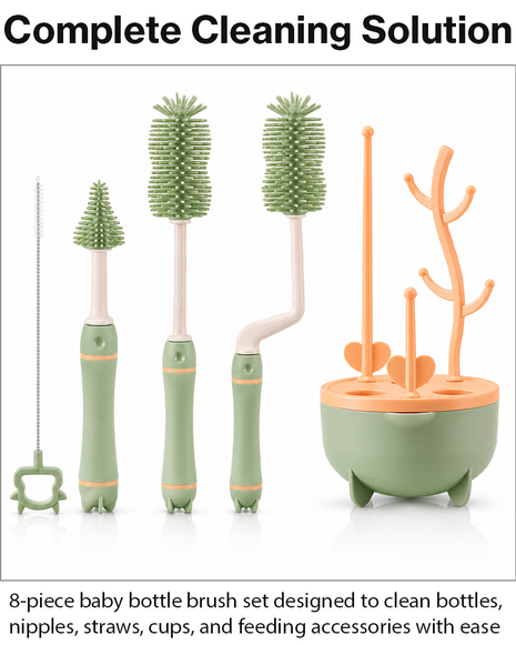8 Piece Baby Bottle Brush Set with TPE Brushes & Drying Rack