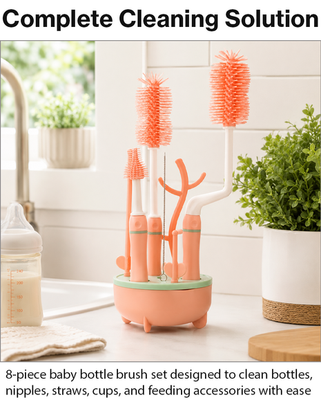 8 Piece Baby Bottle Brush Set with TPE Brushes & Drying Rack