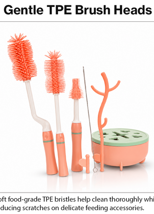 8 Piece Baby Bottle Brush Set with TPE Brushes & Drying Rack