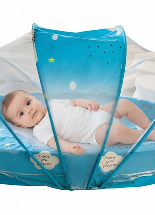 Baby Mosquito‑Net Bed 90 × 55 cm Padded Travel Mattress & Pillow – Cotton/Mesh Blend – Stars
