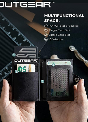 OutGear RFID Airtag Compact Leather Wallet – Slim Pop-Up Card Holder with RFID Blocking, Apple Airtag Slot, Premium Leather, Gift-Boxed for Men, 1.3x7.1x10.2cm - Black