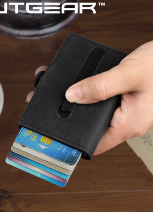 OutGear RFID Airtag Compact Leather Wallet – Slim Pop-Up Card Holder with RFID Blocking, Apple Airtag Slot, Premium Leather, Gift-Boxed for Men, 1.3x7.1x10.2cm - Black