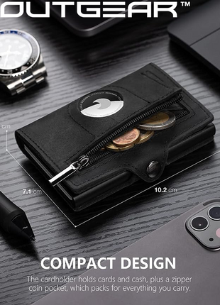 OutGear RFID Airtag Compact Leather Wallet – Slim Pop-Up Card Holder with RFID Blocking, Apple Airtag Slot, Premium Leather, Gift-Boxed for Men, 1.3x7.1x10.2cm - Black