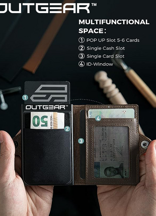 OutGear RFID Airtag Compact Leather Wallet – Slim Pop-Up Card Holder with RFID Blocking, Apple Airtag Slot, Premium Leather, Gift-Boxed for Men, 1.3x7.1x10.2cm - Brown