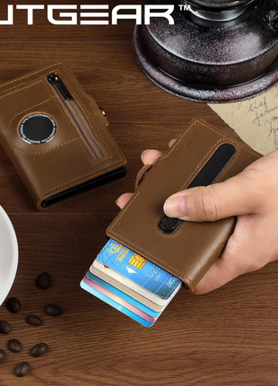 OutGear RFID Airtag Compact Leather Wallet – Slim Pop-Up Card Holder with RFID Blocking, Apple Airtag Slot, Premium Leather, Gift-Boxed for Men, 1.3x7.1x10.2cm - Black