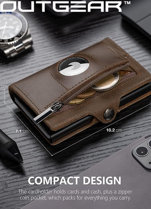 OutGear RFID Airtag Compact Leather Wallet – Slim Pop-Up Card Holder with RFID Blocking, Apple Airtag Slot, Premium Leather, Gift-Boxed for Men, 1.3x7.1x10.2cm - Brown