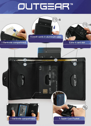 OutGear RFID Leather Wallet – Holds 10 Cards, Slim Pop-Up Design, RFID Blocking, Cash Storage, Gift Box Included