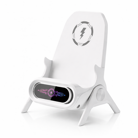Wireless Charging Stand Desktop Vertical Phone Charger with Type-C, Lightning & Android Magnetic Tips Fast Charge Support