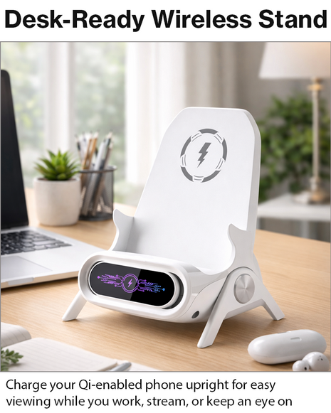 Wireless Charging Stand Desktop Vertical Phone Charger with Type-C, Lightning & Android Magnetic Tips Fast Charge Support