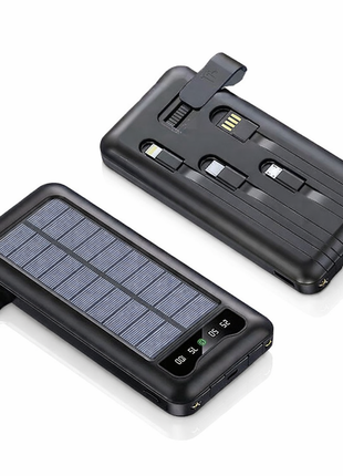 Solar Power Bank 10000mAh with Built-In USB-C, Lightning & Micro Cables, LED Display, Flashlight