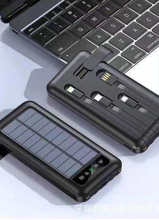 Solar Power Bank 10000mAh with Built-In USB-C, Lightning & Micro Cables, LED Display, Flashlight