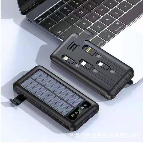 Solar Power Bank 10000mAh with Built-In USB-C, Lightning & Micro Cables, LED Display, Flashlight