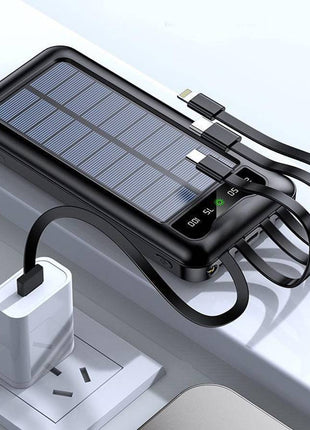 Solar Power Bank 10000mAh with Built-In USB-C, Lightning & Micro Cables, LED Display, Flashlight