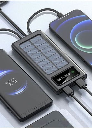 Solar Power Bank 10000mAh with Built-In USB-C, Lightning & Micro Cables, LED Display, Flashlight