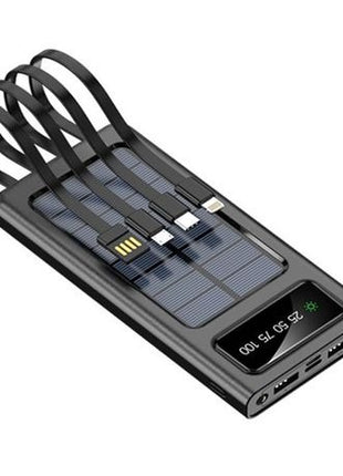 Solar Power Bank 10000mAh with Built-In USB-C, Lightning & Micro Cables, LED Display, Flashlight